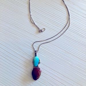 Turquoise and amethyst big stones necklace with long chain.
